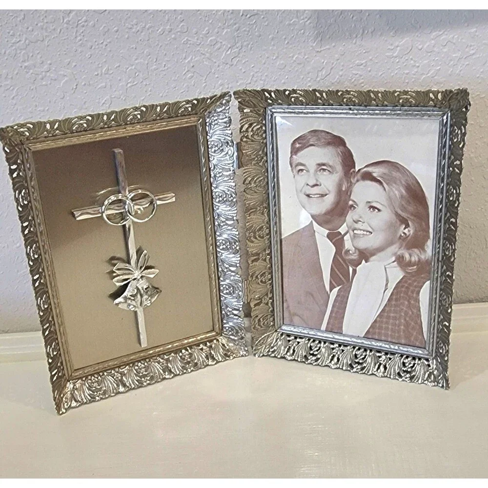 Hinged Metal 25th Anniversary Picture Frame 5x7 Cross Original Paper Insert
